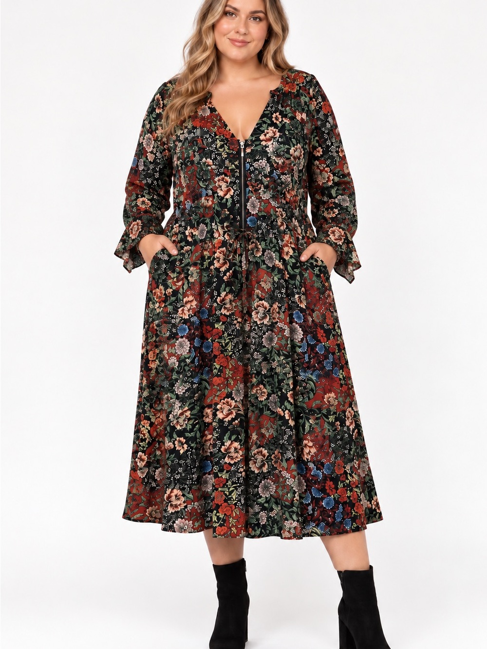 Torrid Women’s Size 1 Floral Patchwork Long Sleeve Zip Front Dress Rayon Stretch